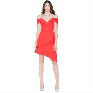 Alice & Olivia Vita Off Shoulder Cocktail Dress in Neon Coral S